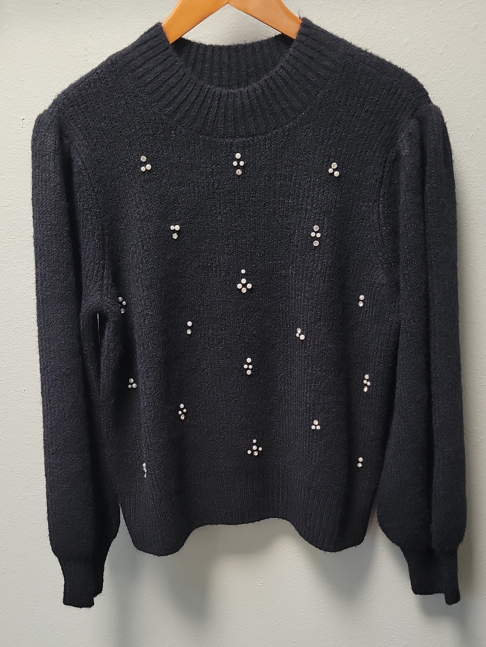 NWT Free Assembly Embellished Black Crewneck Sweater with Pearl Accents